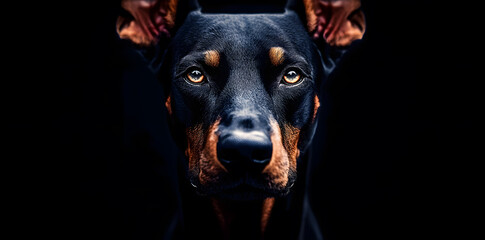 Obraz premium Face of angry dog doberman, dark background