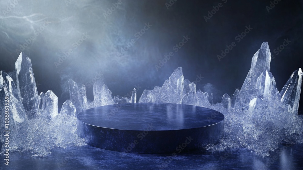 Poster The circular platform is framed by shimmering ice crystals, creating a calm and enchanting atmosphere. Soft light reflects off the icy surfaces, enhancing the magical scene with a touch of mystery.