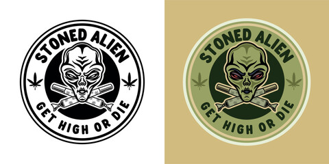 Marijuana vector emblem with stoned alien and two crossed spliffs in two styles, black on white and colored