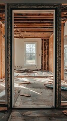Unfinished Room with Exposed Beams and Window Light During Home Renovation