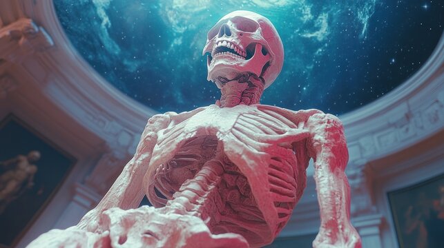 An intricately detailed skeleton sits in a majestic gallery, illuminated by cosmic light