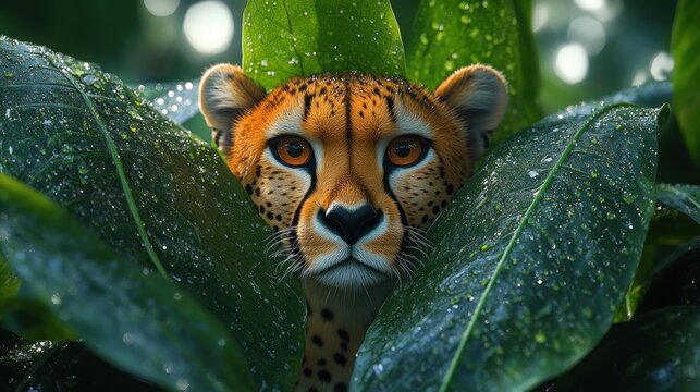 The elegant cheetah observes its surroundings, camouflaged among the green foliage
