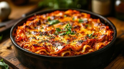 Pan of lasagna on wooden table
