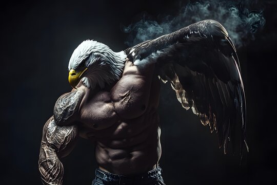 humanoid muscular eagle with wings, fantasy creature warrior,. representing strength and power