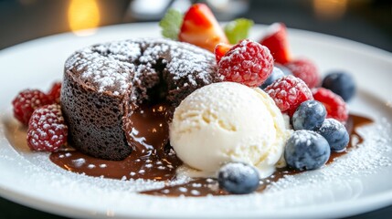 A decadent plate of chocolate lava cake with a molten center, served with vanilla ice cream and berries, Chocolate lava cake centered