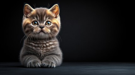 A cute tabby kitten sits calmly, observing its surroundings with bright, curious eyes