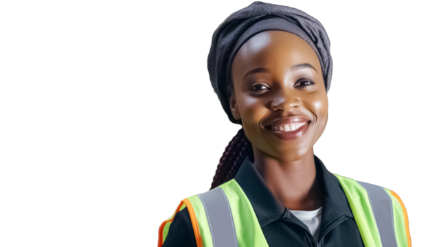 Smiling african american woman wearing a reflective safety vests and posing on transparency background PNG.