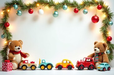 a text frame made of colorful children's toys, teddy bears, toy cars, balloons, cute, with golden garlands, on a white Christmas background, festive golden bokeh