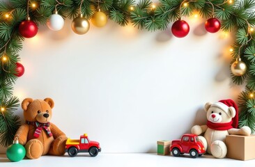 a text frame made of colorful children's toys, teddy bears, toy cars, balloons, cute, with golden garlands, on a white Christmas background, festive golden bokeh