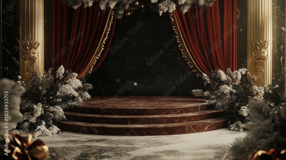 Poster a beautifully designed stage features rich red curtains draped around a circular platform adorned wi