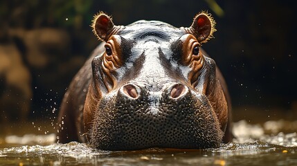 Fototapeta premium A close-up view of a hippo emerging from water, featuring splashes and a unique expression.