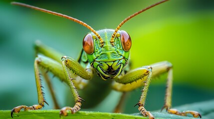 A detailed close-up of a green grasshopper with large eyes, perched on a leaf, showcasing its vibrant colors and intricate features.
