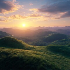 Fototapeta premium Beautiful landscape mountain hill meadow sunrise. View from the top of the hill. Green fields and trees. Generative AI.