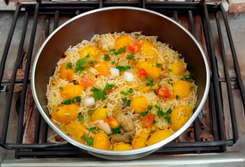 Traditional Brazilian dish rice, chicken and pequi (caryocar brasileinse) known as galinhada goiana