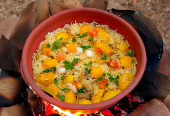 Traditional Brazilian dish rice, chicken and pequi (caryocar brasileinse) known as galinhada goiana