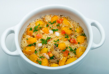 Traditional Brazilian dish rice, chicken and pequi (caryocar brasileinse) known as galinhada goiana
