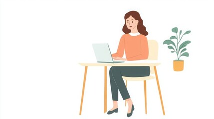 A woman sitting at a table with a laptop, conducting an interview, against a minimalist white background