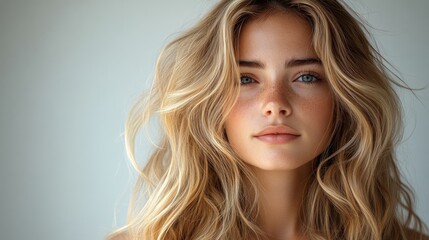 Naklejka premium The woman's radiant beauty shines through her wavy blonde hair and captivating eyes