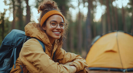 
Happy young woman wearing glasses sitting near a tent and smiling while camping outdoors in a forest.