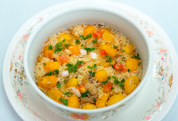 Traditional Brazilian dish rice, chicken and pequi (caryocar brasileinse) known as galinhada goiana