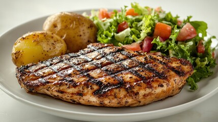 A delicious grilled chicken portion paired with potatoes and a vibrant salad