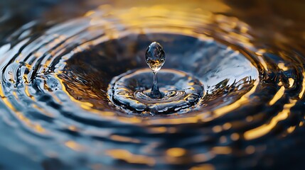 A close-up of a water droplet creating ripples in a tranquil surface, capturing the moment of impact and reflection.
