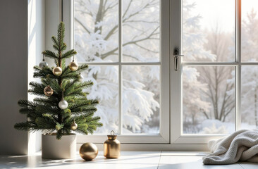 A small Christmas tree with gold and silver ornaments sits by a sunlit window overlooking a snowy...