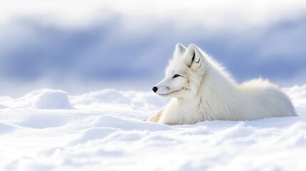 Obraz premium A majestic arctic fox, adorned in a pristine white coat, rests gracefully amidst the snowy expanse. Its piercing gaze surveys the surroundings