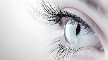 Fototapeta premium A close-up of a human eye showcasing intricate details, including long eyelashes and a reflective iris, against a soft background.