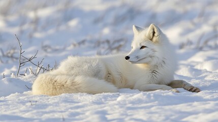 Obraz premium A majestic arctic fox, adorned in a pristine white coat, rests gracefully amidst the snowy expanse. Its piercing gaze surveys the surroundings