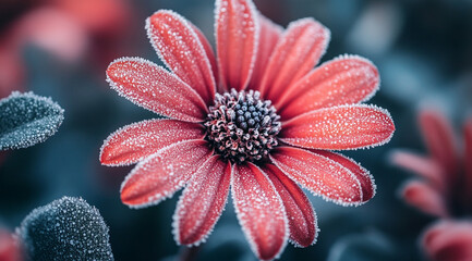 Frosty red flower petals, macro photography,