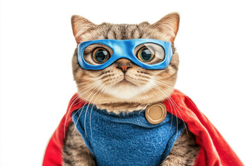 Cat in superhero costume with blue mask, standing proudly. Bright comic-themed backdrop complements the heroic stance.