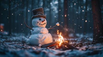Snowman roasting marshmallows by a cozy campfire in a snowy forest, creating a whimsical contrast of warmth and cold in a serene winter evening. Image made using Generative AI.