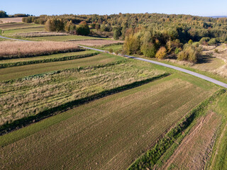 Aerial view of beautiful agricultural fields with vibrant colors in a serene countryside landscape.