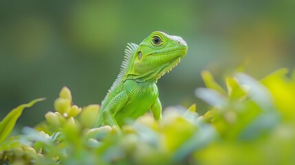 Fototapeta premium A vibrant green iguana cub stands out against a matching backdrop, showcasing the rich biodiversity of South America and Brazil. 