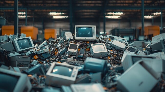 A cluttered warehouse filled with discarded, outdated computer monitors and electronic waste, showcasing the impact of technology obsolescence.