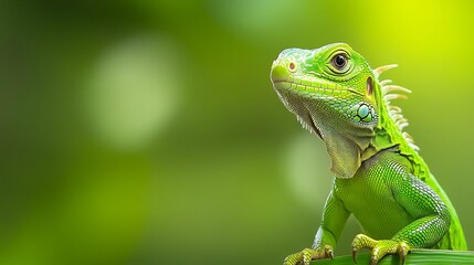 Fototapeta premium A vibrant green iguana cub stands out against a matching backdrop, showcasing the rich biodiversity of South America and Brazil. 