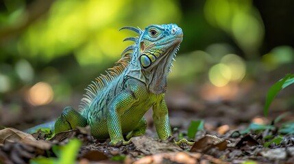 Fototapeta premium A vibrant green iguana cub stands out against a matching backdrop, showcasing the rich biodiversity of South America and Brazil. 