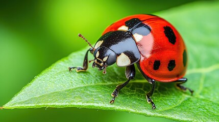 Fototapeta premium Close-up of a ladybug on a green leaf.