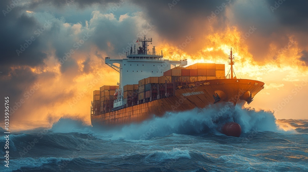 Aufkleber a cargo ship struggles through rough waters as waves crash against its hull. the sky is filled with 