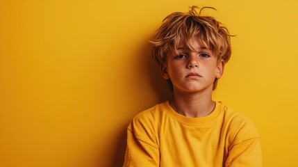 Fototapeta premium A young boy stands in front of a vibrant yellow background with a serene expression, wearing a yellow shirt, signifying peace and the vibrancy of youth.
