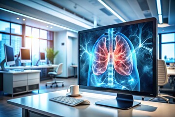 Fototapeta premium High-Tech Medical Imaging: Close-Up of Lungs on Computer Screen in Healthcare Setting