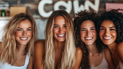Obraz premium A group of four women joyfully smiling with beautiful curly hair, exuding happiness and warmth while standing in front of a chic cafe setting with a cozy vibe.