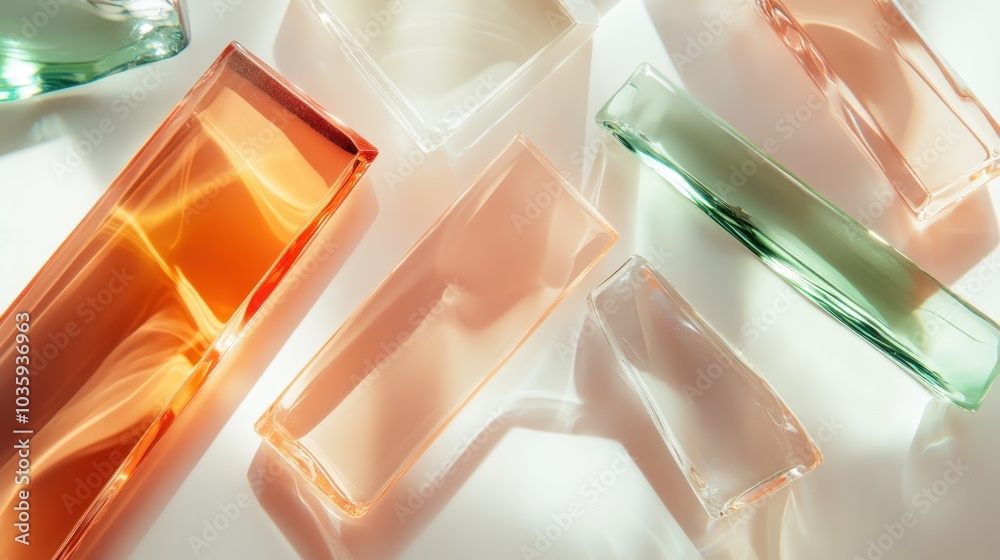 Poster a collection of colorful glass blocks casting intricate light patterns on a white surface, showcasin