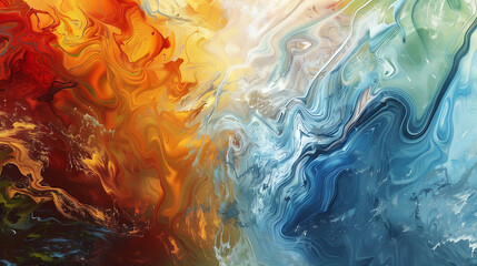 Abstract marbled painting with a warm orange and red side and a cool blue and white side.