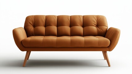 Fototapeta premium This elegant brown sofa features stylish tufted cushions and sturdy wooden legs, ideal for adding a touch of sophistication to any living space.