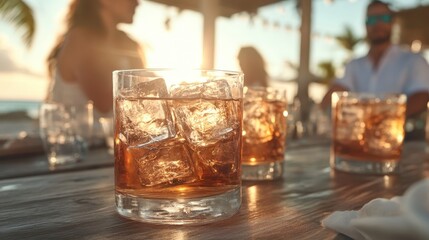 Three glasses filled with ice cubes are placed on a bar top, backlit by the setting sun, creating a warm and inviting atmosphere at the bar.