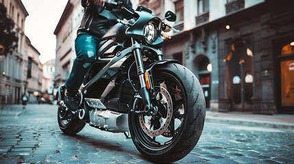 A close-up shot of a motorcycle parked on a cobblestone street, showcasing its sleek design and powerful presence.