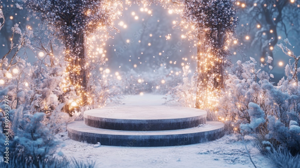 Poster the tranquil scene features a snow-covered pathway surrounded by frosty trees, shimmering with delic