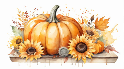 Autumn watercolor composition of pumpkin and sunflowers on white background. Still life. Harvest time seasonal farm market
